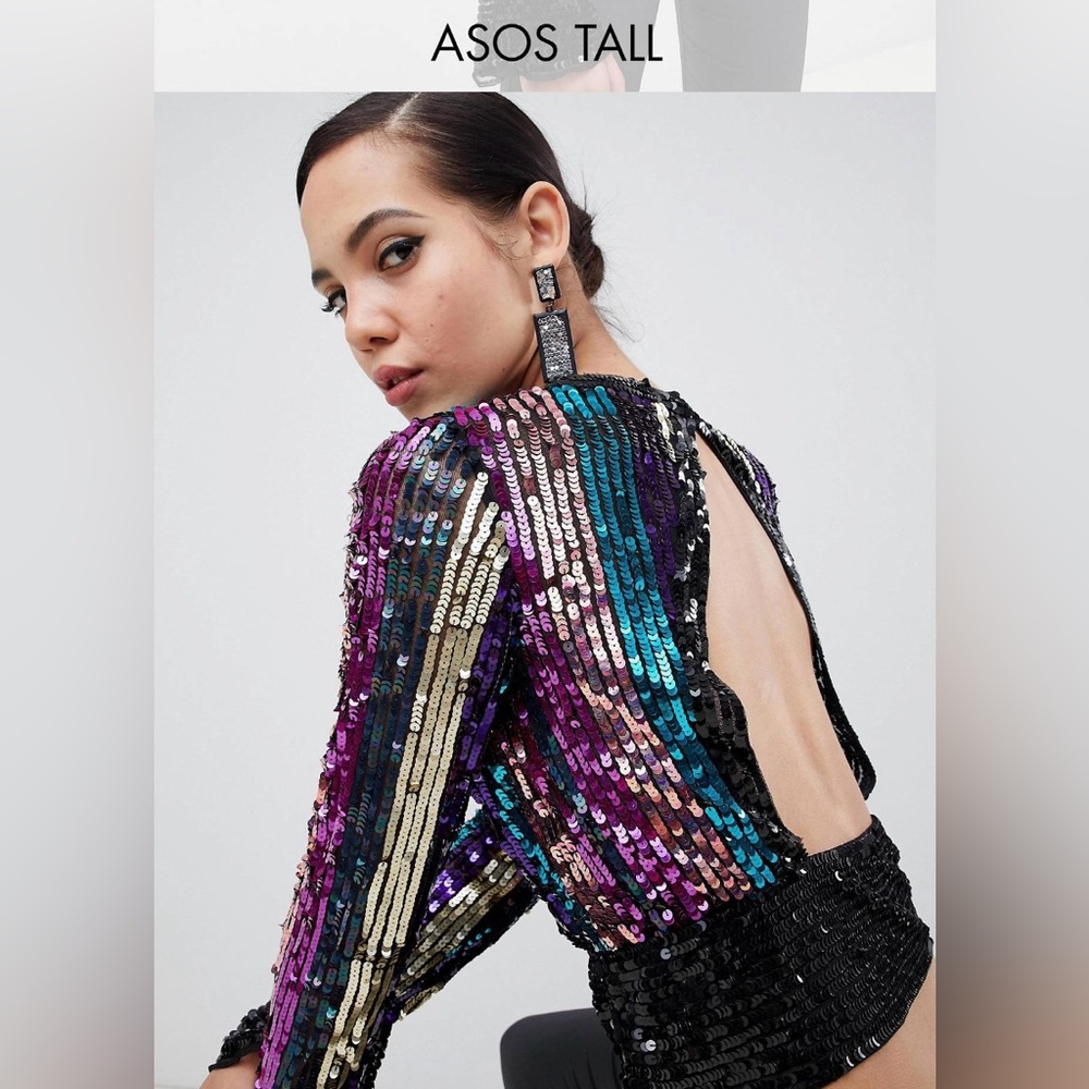 ASOS DESIGN Tall sequin stripe wrap top with open back